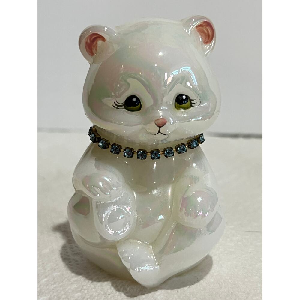 Fenton Opalescent Bear Birthstone Necklace March Blue, Signed